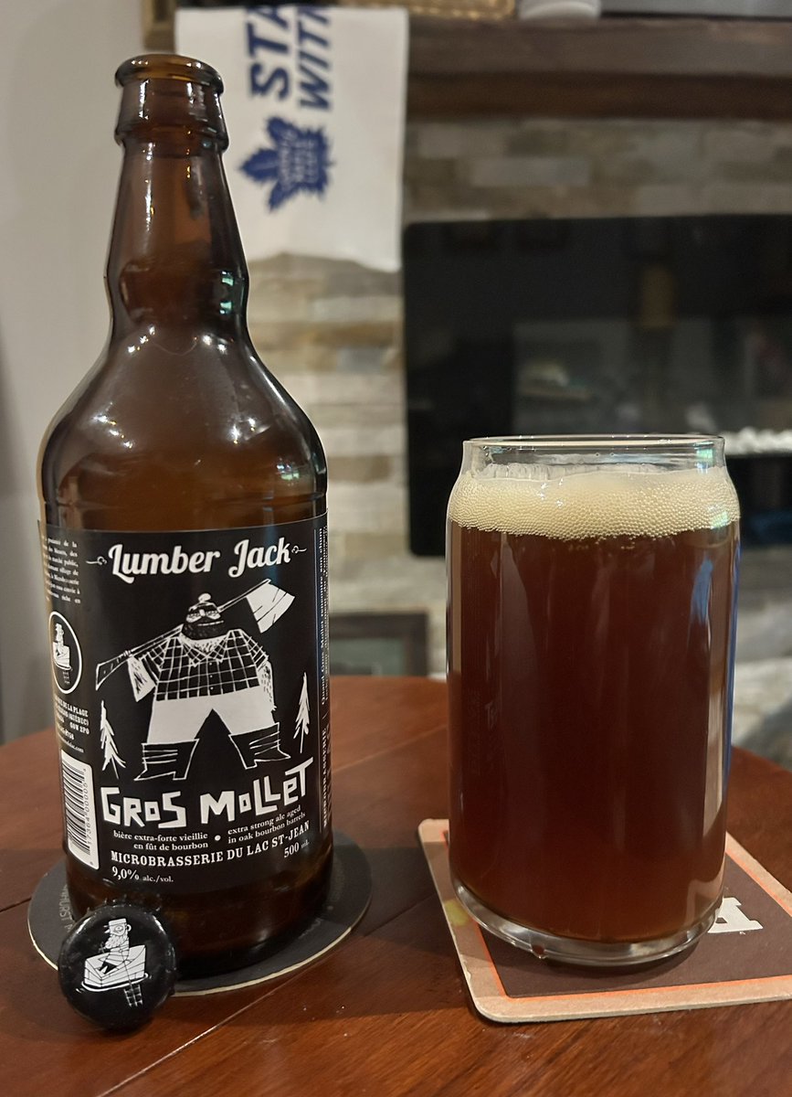 Gros Mollet Lumber Jack from Microbrasserie Du Lac St Jean. Malty, caramel and Jack Daniel’s Tennessee Whiskey. Like a nice Belgian Quad.