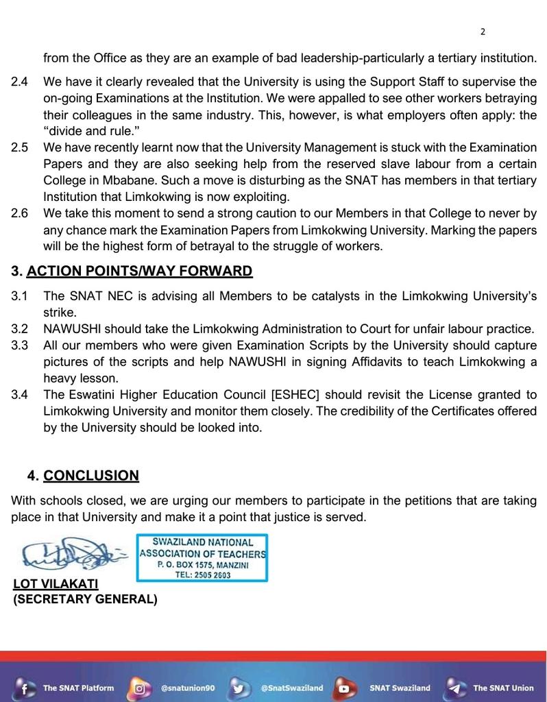 The SNAT Statement of solidarity on the on-going industrial action by the National Workers Union of Swaziland (NAWUSHI) at the Limkokwing University. #limkokwinguniversity #nawushi