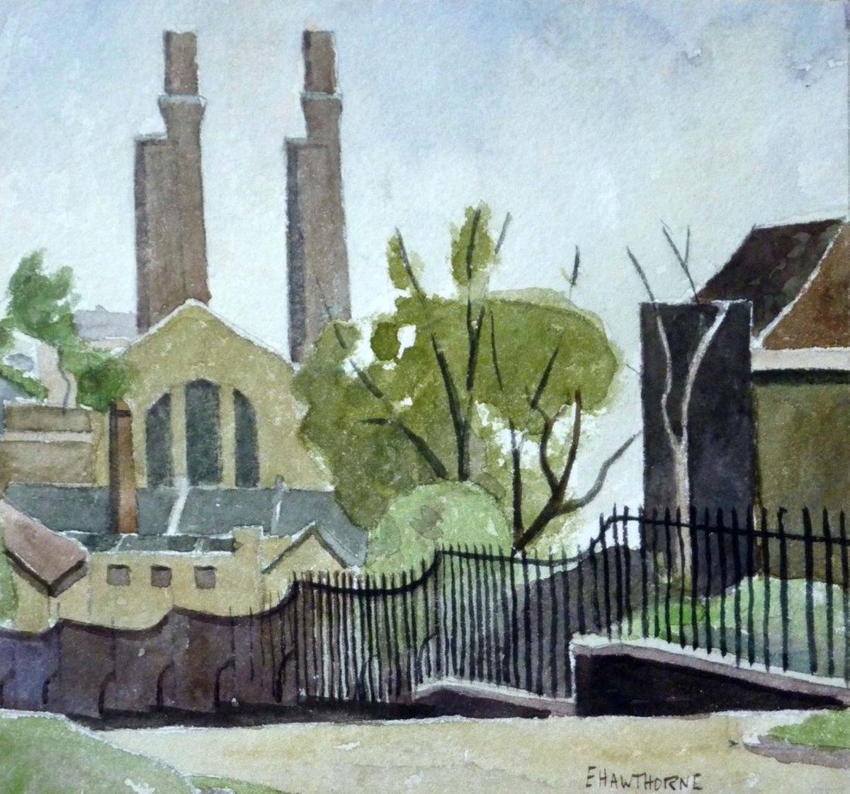 Good evening, Jo @sevenpitches & thank you, somewhat belatedly on my part, I'm afraid. This isn't quite in the park, I'm afraid but, if you know the area well, I expect you'll recognise 'Green Power Station' here depicted by Elwin Hawthorne from c.1935. #ElwinHawthorne #Greenwich