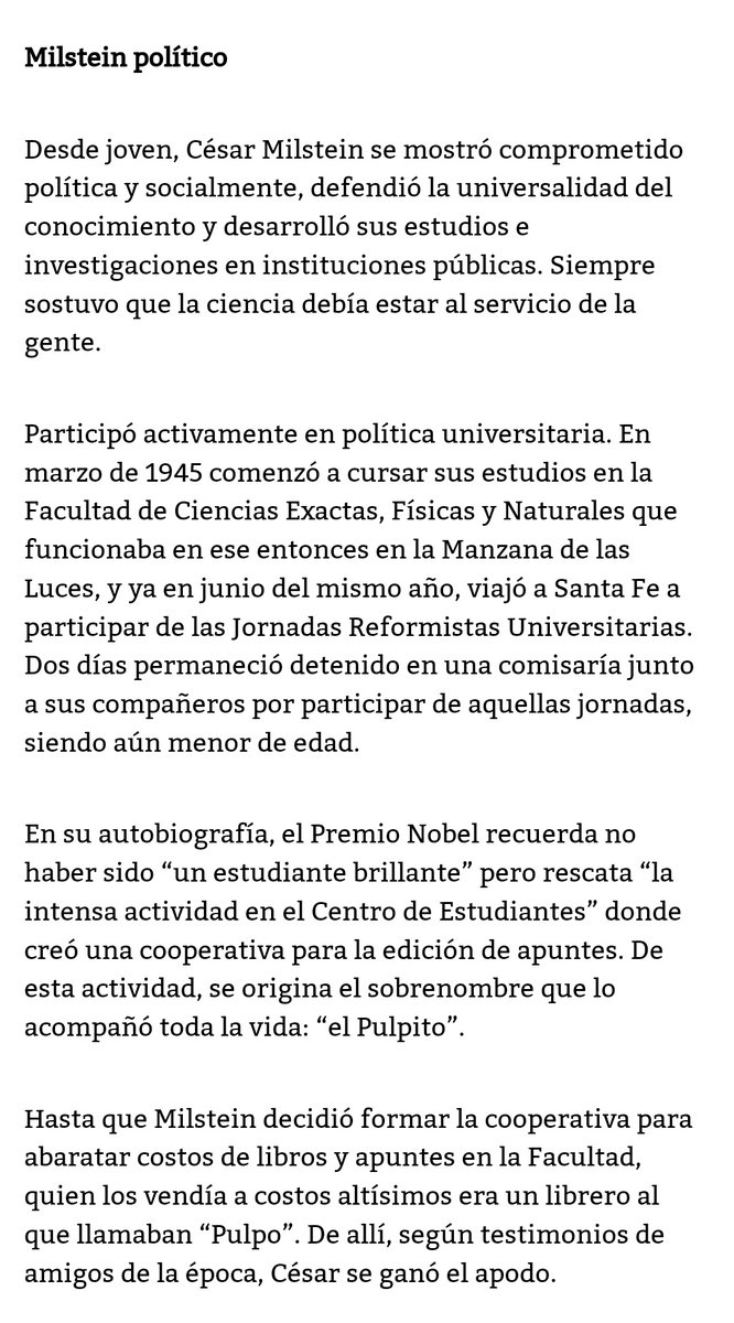 Milstein. 
Para los científicos que piensan que el delantal blanco oculta la política del cuerpo.