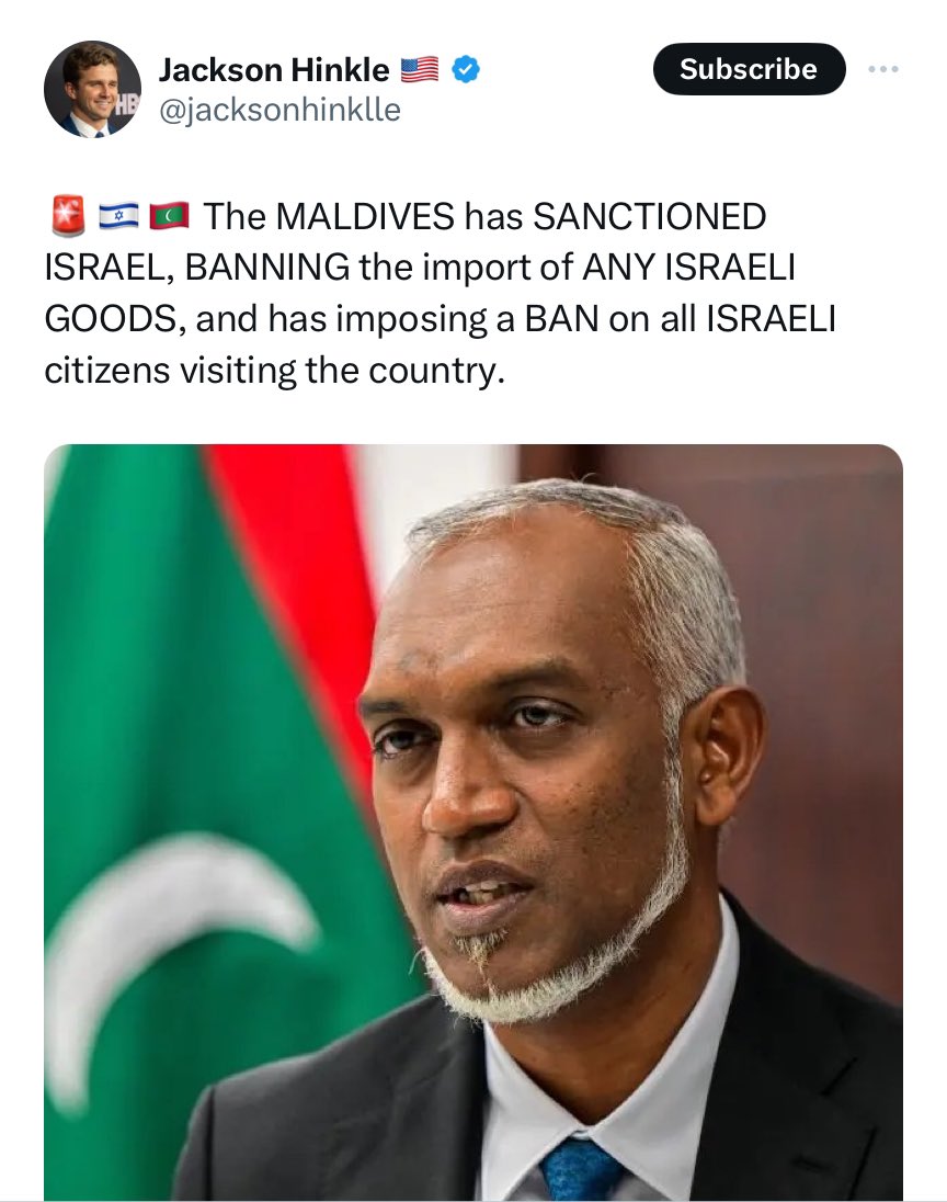 Folks, I know this is going to shock you, but Jackson is spreading lies. The Maldives has not banned Israeli citizens from visiting. At least hundreds of accounts (including some large ones like Jackson’s) are spreading this copy pasta.