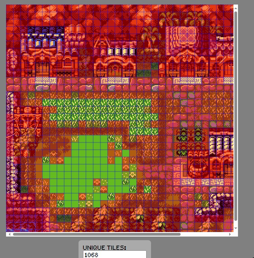 @gif_not_jif @angelday Yeah looks like it currently comes in around 1000 unique tiles, so some optimization with repeating tiles is definitely required to get this on to one GB “scene”. Here’s the handy tile counter tool gb-studio-tile-count.glitch.me