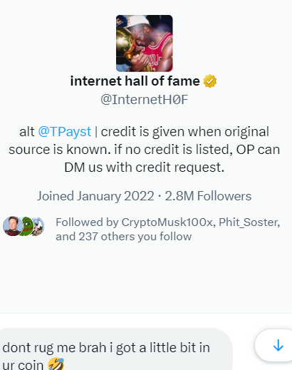 DegenNSM's tweet photo. we got @InternetH0F investing to our coin lmao https://t.co/CDhdQcwsIq