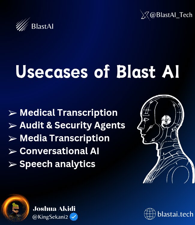 ➡️ Usecases of #Blastai

#Blastai can be applied in various fields, such as 

➢ Medical Transcription
➢ Audit & Security Agents
➢ Media Transcription
➢ Conversational AI
➢ Speech analytics

Let's dive into them one after the other.

#BLASTAITHREAD $BLAST