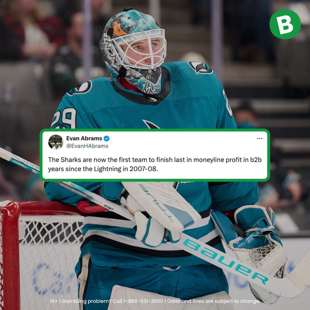 Let's hope you haven't bet the Sharks ML in the last two seasons. 

They have now finished dead last in ML profit in back-to-back seasons. 🦈😬 

#SharksTerritory | #Batery