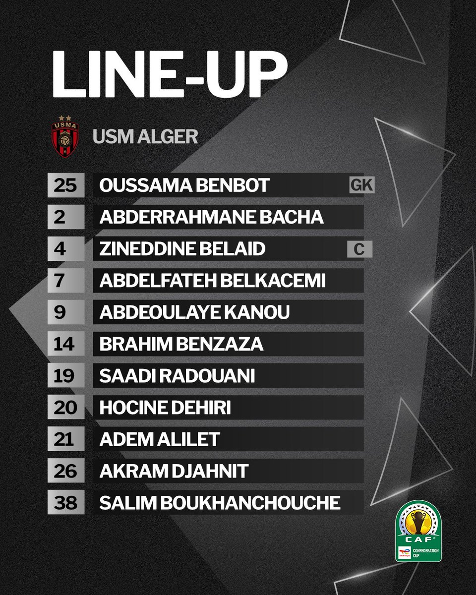 AfricaUnitedFUT's tweet photo. #TotalEnergiesCAFCC 🏅 •
2023/2024 #CAFCC •
#TotalCAFCC •
CAF CONFEDERATION CUP
SEMIFINAL STAGE, FIRST LEG
@USMAofficiel 🔴⚫️ 🆚️
🌋🟠 @RSBfootball
🇩🇿🇲🇦
STARTING LINE UPS... https://t.co/20FKVSrwHB
