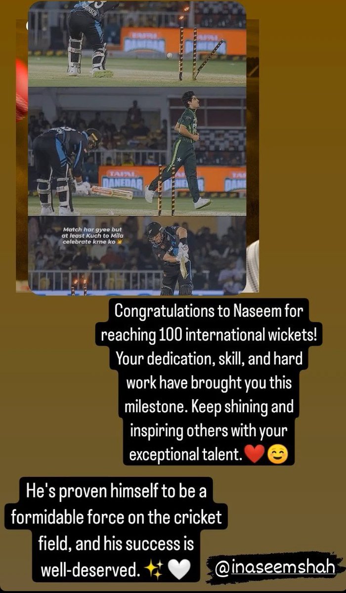 ButtSomeya's tweet photo. Congratulations #NaseemShah for 100 international wickets ❤️ ❤️ ❤️ ....
#PAKvNZ #BabarAzam𓃵 #YumnaZaidi #MaryamNawaz #VotingVirgin #heatwave #MalaikaArora #ShilpaShetty #BrijBhushanSharanSingh #PAKvsNZ #Rajputs #DubaiFlooding https://t.co/DcGh2lC0Y8