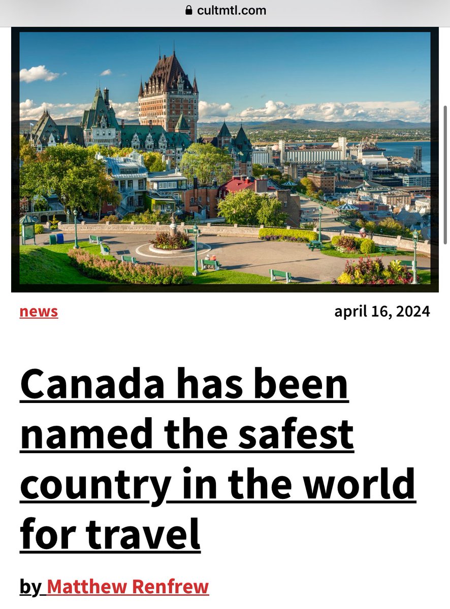 Fantastic News! Canada has been named the safest country in the world for travel in 2024. 🇨🇦 “As travel destinations go, it really doesn’t get much safer than Canada. Violent crime is comparatively low and there is a low incidence of gun-related crime.” cultmtl.com/2024/04/canada…