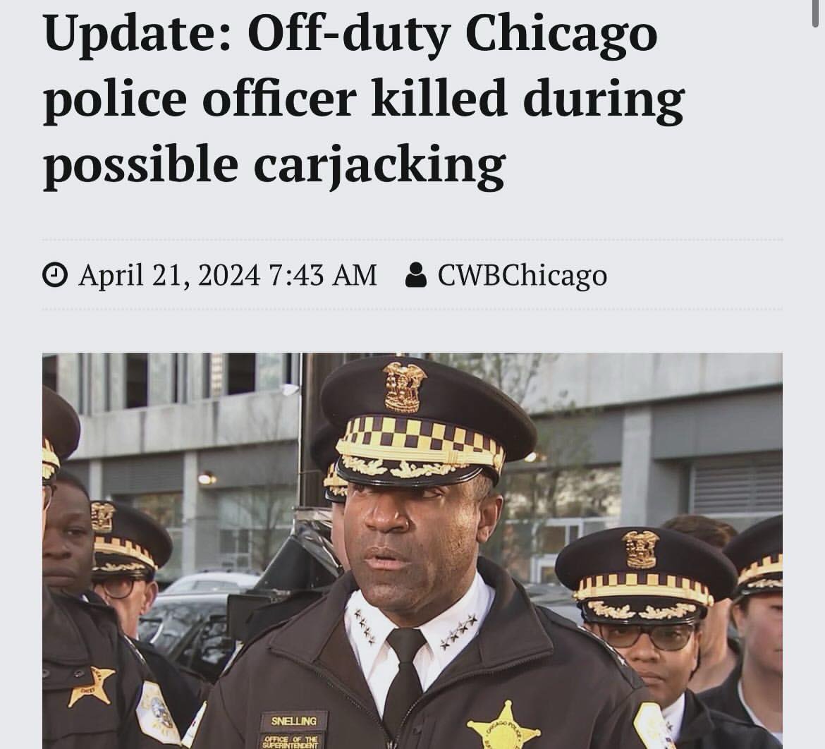 “Off-duty Chicago police officer killed during possible carjacking.
•Found after police responded to a ShotSpotter alert.
•30 years old. 
•6 years on the job. 
•Still in uniform.
•Steps from his home. 
•Duty weapon and vehicle missing.”
via IG: police .law .news