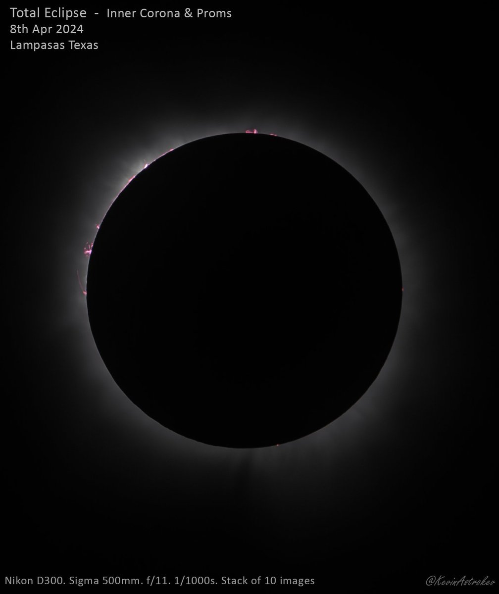 Finally processing my eclipse images of totality. This is the inner-corona. A stack of 10 images taken using 1/1000s exposures to capture the prominences without them being drowned by the corona. Some lovely prom detail #Eclipse2024 #thephotohour