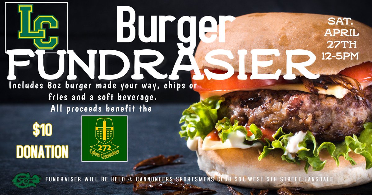 Please join us for Burger Day and help support our team!  April 27 at the Cannoneers Club from 12 to 5pm.