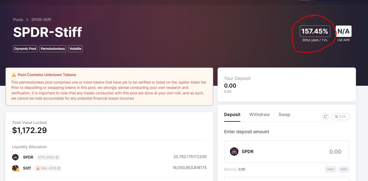 157% APY on the $SPDR <> $STIFF pool on <a href="/MeteoraAG/">Meteora</a> 

app.meteora.ag/pools/587kaAN6…

I'm happy to link these two projects that I believe in and earn some % for holding

#Solana #Defi