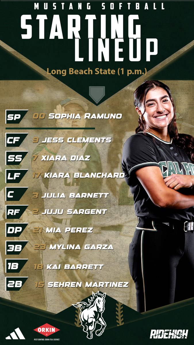 Cal Poly completes its three-game home set versus Long Beach State at 1 p.m. on ESPN+. The Mustang starting lineup looking for the series victory ... #RideHigh 📺espn.com/espnplus/playe… 📊stats.statbroadcast.com/broadcast/?id=…