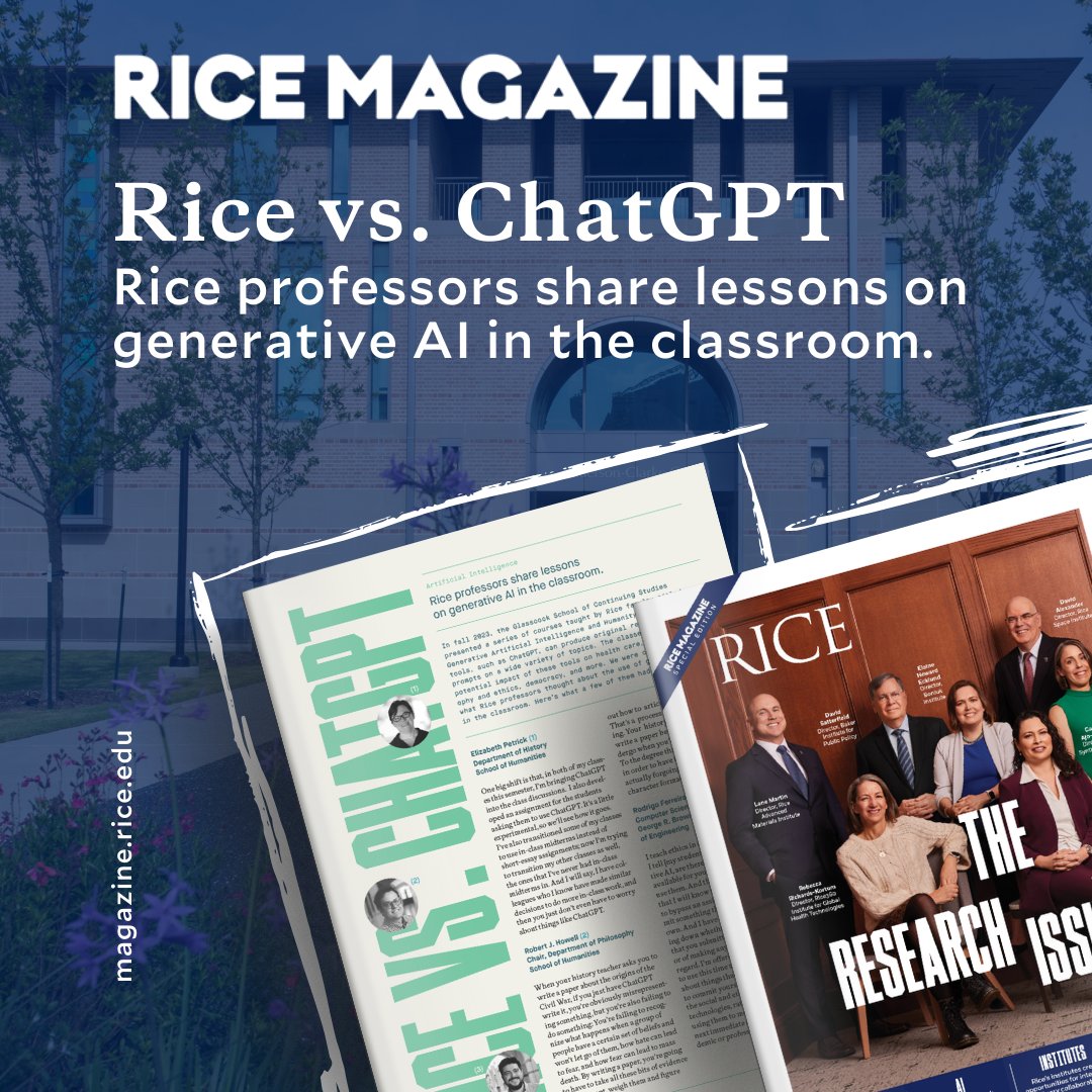 Exciting news! Our course 'Generative Artificial Intelligence and Humanity' is featured in Rice Magazine! Learn how @RiceUniversity professors explore AI in education, discussing ethics, creativity, and learning. Read more: bit.ly/3Q6raoM #RiceMagazine #communitylearning