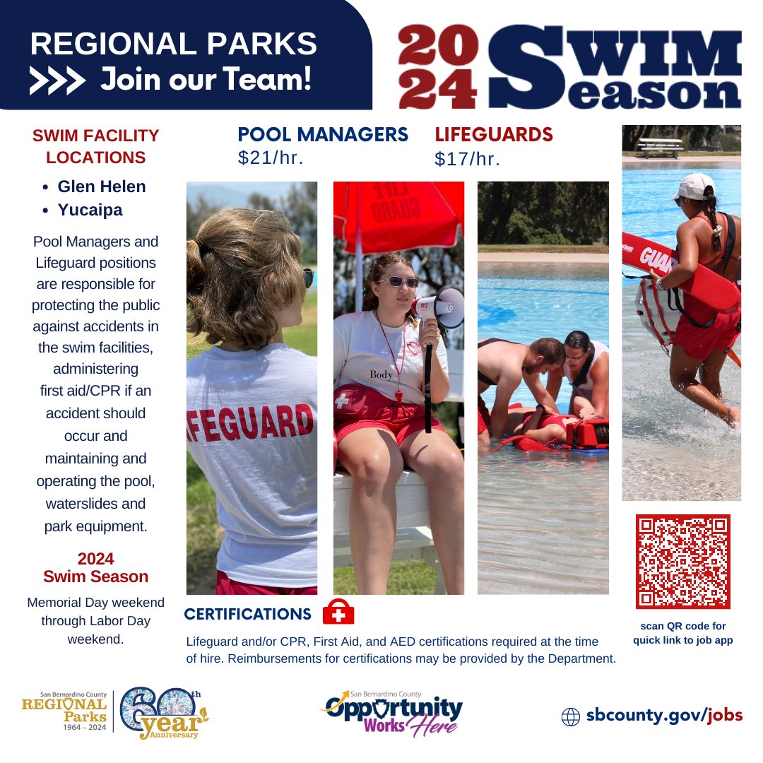 Build skills and valuable teamwork experience working outdoors as a lifeguard or pool manager at Glen Helen or Yucaipa Regional Parks swim facilities. Starting salaries for lifeguards begin at $17/hour and pool managers start at $21/hour. Apply online: bit.ly/4aOalre