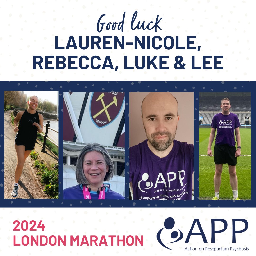 ActionOnPP's tweet photo. Good luck to our @londonmarathon runners today! Rebecca, Lauren-Nicole, Luke &amp; Lee! We're all cheering you on - have an amazing day! #TeamAPP 💜 #TCSlondonmarathon https://t.co/v0N5TNDOG0 https://t.co/UkVL60H9bp