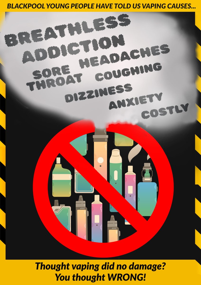 @HealthwatchBpl Have teamed up with young people in Blackpool and they have told us that vaping causes: 😷 A sore throat ❌ Addiction 🤕 Headaches ❗ Along with lots of other side effects. Thought vaping did no damage? you thought WRONG.
