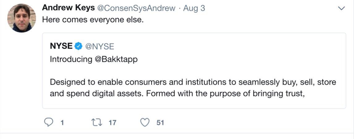 NerdNationUnbox's tweet photo. 2018…
Jay Clayton asks Chris Dixon/Katie Haun of #a16z to get a team together to help get some regulatory guidance
#BrooklynProject created to help #Ethereum get through regulatory door
@ethereumJoseph, #EEA, @VitalikButerin and other top #Ethereum leaders meet with #SEC officials including Bill Hinman, Jay Clayton, Valerie Szczepanick, Amy Starr and @HesterPeirce prior to the Hinman Speech
Hinman gives his speech
Jeff Sprecher’s #NYSE announces #BAKKT for digital assets.
Jeff is guest in one of Gary Genslers #MIT classes (Session 18) which is still unlisted.
Really curious to see what was said in this class