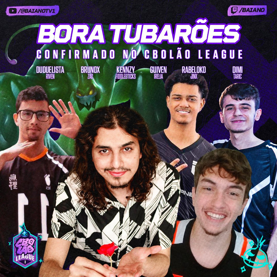 CBOLAOgg's tweet photo. 🚨 BORA TUBARÕES: time confirmado no CBOLÃO LEAGUE

Mais um time de monochampions chegando pro maior campeonato de todos os tempos!!

Kennzy convocou uma lineup FORTE com:

Duduelista (Riven) / Brunox (Zac)
Kennzy (Fiddlesticks)
Guiven (Irelia)
Rabeloko (Jinx)
Dimi (Taric)

Vão conseguir se classificar pro LEGENDS?!
