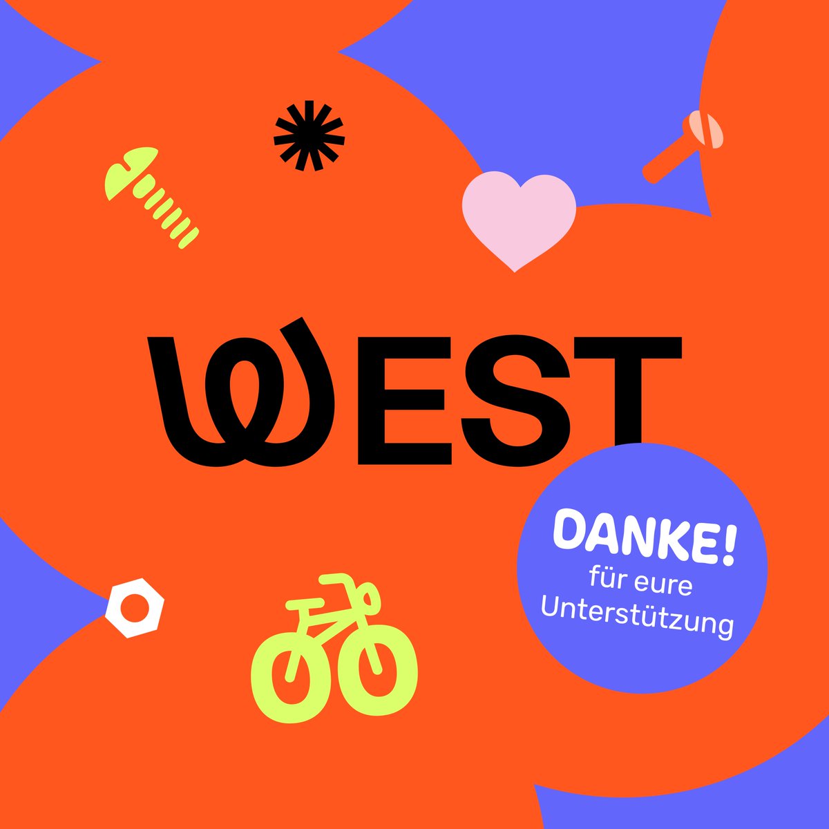Das @westspacevienna gibt uns Raum für die Lagerung unserer Fahrräder.

Bis voraussichtlich 2025 bietet das West ein zuhause für Kunst- und Kulturschaffende, NGO’s und spannende Events rund um Kreativität, Kultur und Urbanität.

Wir bedanken uns für die tolle Zusammenarbeit!