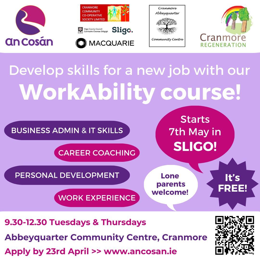 Do you live in #Sligo? If so, please spread the word about our FREE WorkAbility course starting on 7th May! Our award-winning course gives people wanting to upskill for the workplace the transferable skills needed for flexible employment >> ancosan.ie/sign-up-to-our… #Cranmore