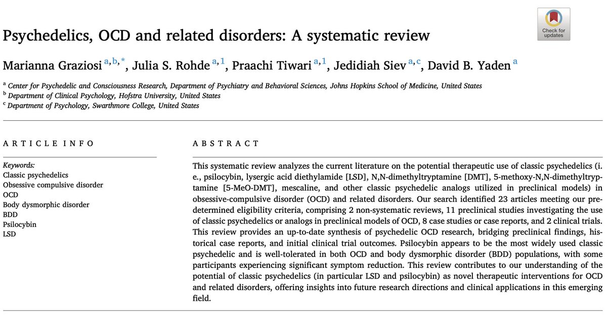 It was such a pleasure to work with @juliasrohde, @PraachiTiwari, @drjedsiev, & @existwell on a comprehensive systematic review of the literature on psychedelics, OCD, and related disorders. Here's what we found! (... a 🧵).