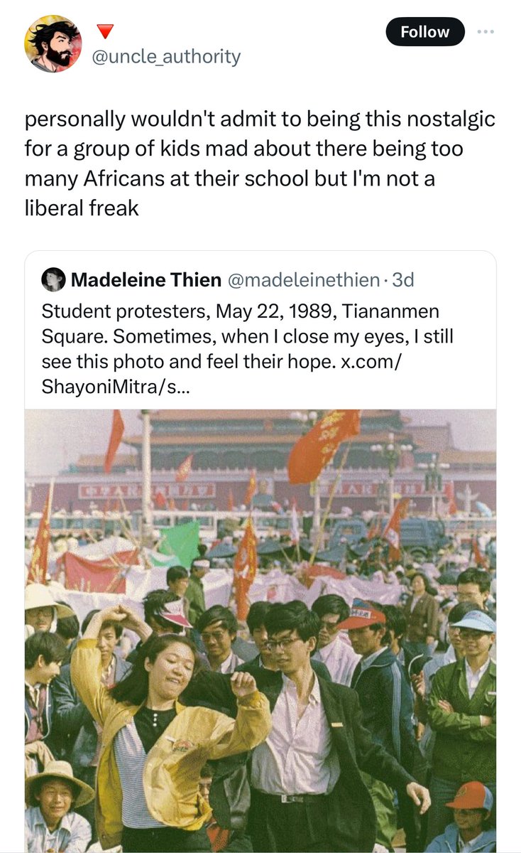 “The Chinese government crushed the Tiananmen Square protesters to combat anti-Blackness” is one of the most cracked out things I have ever read on this already deeply cracked out website