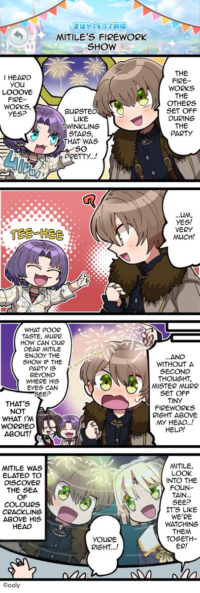 SSR Mitile [Hazebloom Wizard] 4koma: “Mitile's Firework Show” from the Birthday Series (2022-23) 🎂
#mhyktl

[Appearances]
Mitile, Murr, Shylock, Riquet