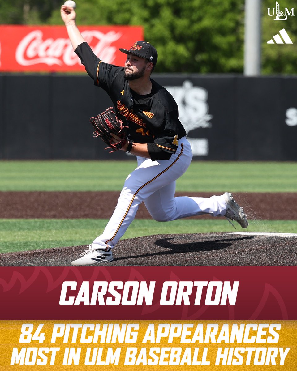 Congratulations to @CarsonOrton, the new all-time leader in career pitching appearances in ULM baseball history! #GotYourSix