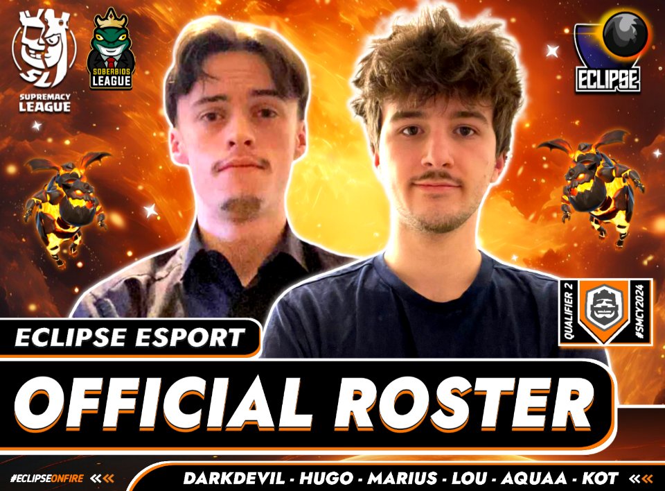 Playing for the Eclips'esport in the @cr_supremacy, Please welcome our official roster for the Qualifier 2 : 🇫🇷 ・@HugoCr_1 🇺🇦 ・@KotAykk 🇫🇷 ・@INT_DarkDevil 🇫🇷 ・@Marius_C_R 🇫🇷 ・@lou_esport 🇫🇷 ・@Aqua_cr1 We're ready for tomorrow ! #EclipseOnFire #SCMY2024