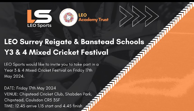 LEO Sports (@leosports7) on Twitter photo 🏏🏏Calling all Reigate & Banstead schools🏏🏏
We are joining forces with <a href="/chipscricket/">ChipsteadCricket</a> to host an exciting Y3&4 mixed cricket festival in May
Places are still available, so don't miss out
Click 👇🏻👇🏻👇🏻
docs.google.com/forms/d/e/1FAI… 🏏🏏Calling all Reigate & Banstead schools🏏🏏
We are joining forces with <a href="/chipscricket/">ChipsteadCricket</a> to host an exciting Y3&4 mixed cricket festival in May
Places are still available, so don't miss out
Click 👇🏻👇🏻👇🏻
docs.google.com/forms/d/e/1FAI…