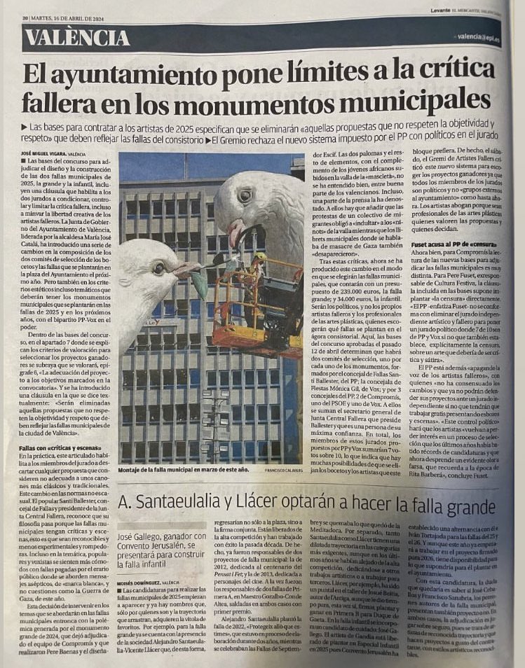 Les falles tenen un caràcter social, els monuments fallers són crítics i possibiliten que les persones puguen raonar, debatre i exercir un discurs en democràcia. Però s’ha optat per la censura, unes falles on prime la bellesa i l'atracció per fomentar el turisme massificat
