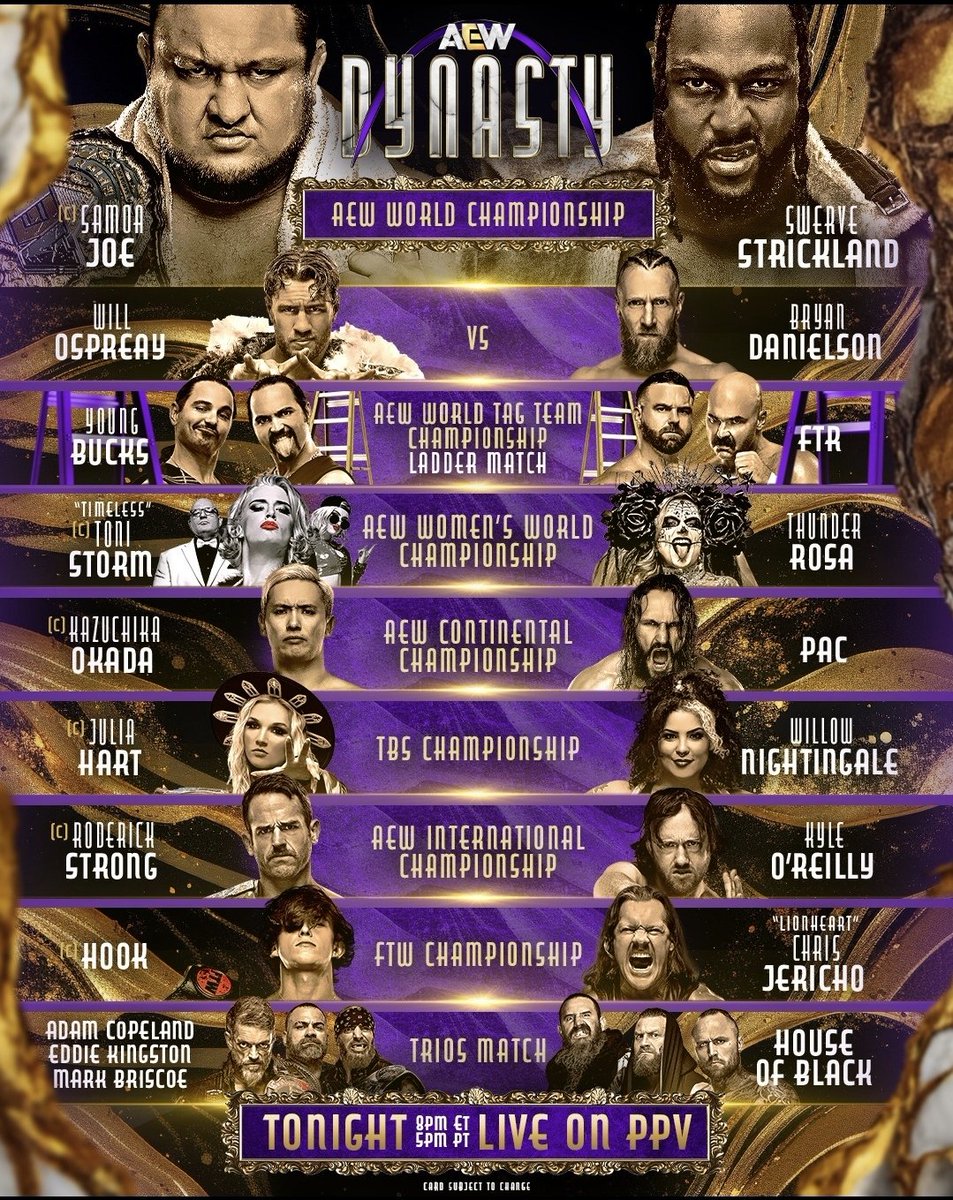 Tonight's #AEWDynasty card. #AEW  #wwe #prowrestling  #podcast #istillcallitalariat  #lariat  #NWA #TNAWrestling #njpw @MichaelWryght @SteveZapf