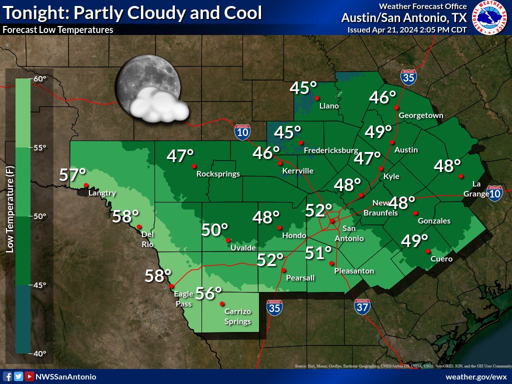 Partly cloudy and cool tonight. Low temperatures are forecast to be in the mid 40s to mid 50s.
