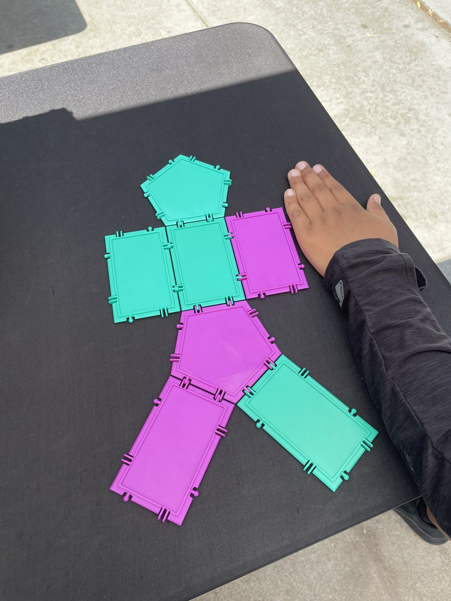 Geometiles's tweet photo. Yesterday a fifth grader taught me that a net for a pentagonal prism can look like a person. #iteachmath #mathfieldday https://t.co/3auY3Iyzsv