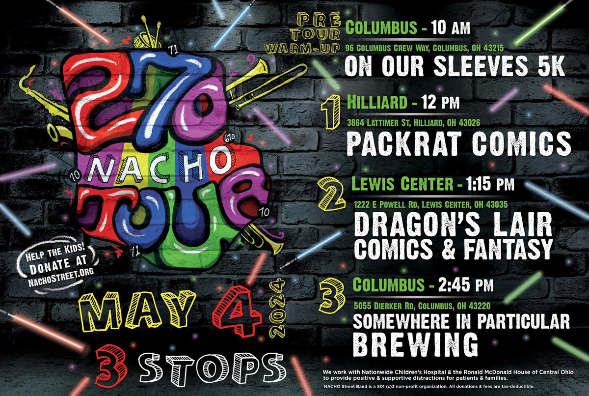 In 2 wks, #maythefourth is our 270 Tour! Traveling around & across the #cbus Outerbelt raising 💰 for @RMHCofCentralOH #freecomicbookday #onoursleeves #centralohio @OnOurSleeves @packratcomics @Dragons_Lair @sipbrew
