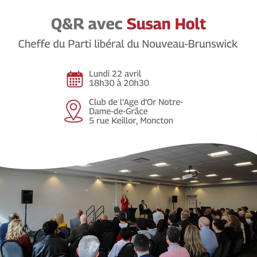 Notre toute première séance de questions et de réponses en personne aura lieu demain à Moncton. Vous voulez connaitre ma position sur des enjeux précis ? Joignez-vous à nous pour en discuter en long et en large ! Nous avons hâte de vous y voir. 👋🏻