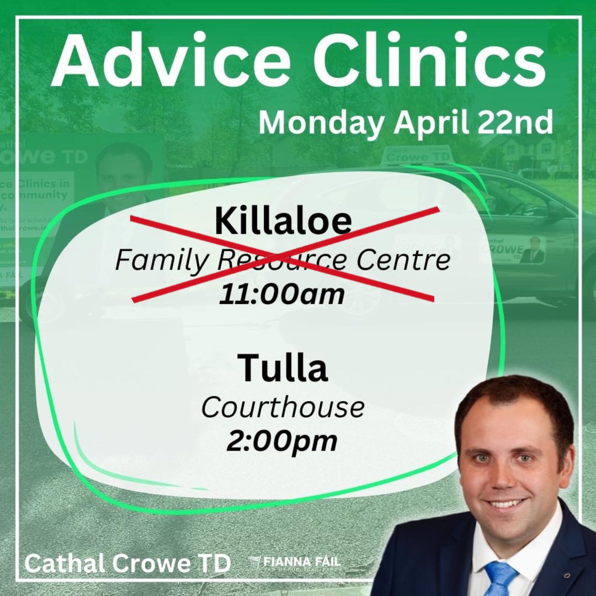 ⚠️ EAST • CLARE • ADVICE • CLINIC ⚠️ I’ll be in Tulla tomorrow afternoon for an advice clinic. Unfortunately I have to cancel my planned morning advice clinic in Killaloe, but will try my best to get a new one scheduled. All welcome in Tulla - no appointments required!