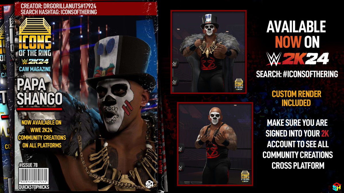 Pick up your copy of #WWE2K24 Icons of the Ring magazine featuring Papa Shango. Available now! Creator: @DrGorillaNuts Moves: @The_SkyFactor Render: @DW_federation Magazine Cover: @QuickStopHicks Search: #IconsOfTheRing