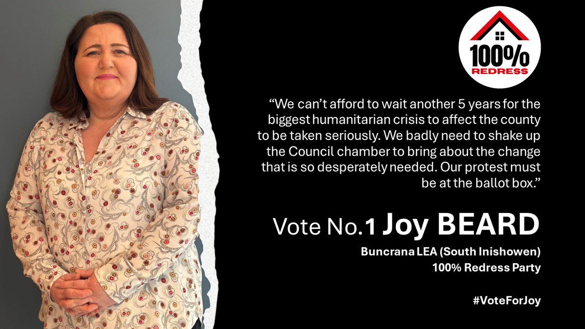 VOTE No. 1 Joy BEARD (100% Redress Candidate Buncrana LEA) Change must happen .. help make that change on June 7th by voting No.1 for the 100% Redress Party candidate in your area. #DefectiveConcreteCrisis #100percentredress #100percentredressparty #Donegal #inishowen