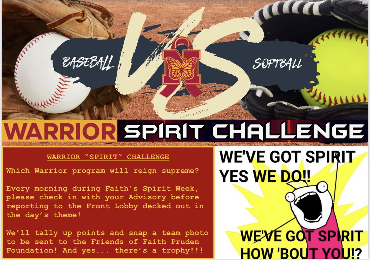 Which program will have the MOST SPIRIT during next week’s #FaithsSpiritWeek?

Will it be <a href="/wn_softball/">WNSoftball</a>?!

Will it be <a href="/wnhsbb/">Westerville North BB</a>?!

Time to get ready for the #WarriorsStrikeOutCancer games on April 27th!

<a href="/FFPFfriends/">Friends of Faith Pruden Foundation</a> <a href="/NorthWarriorsAD/">North Warriors AD</a> <a href="/WNHS_Warriors/">WNHS_Warriors</a> <a href="/WNstudent/">WN Student Section</a> #FFPF <a href="/basoftballcoach/">Brian Anderson</a>