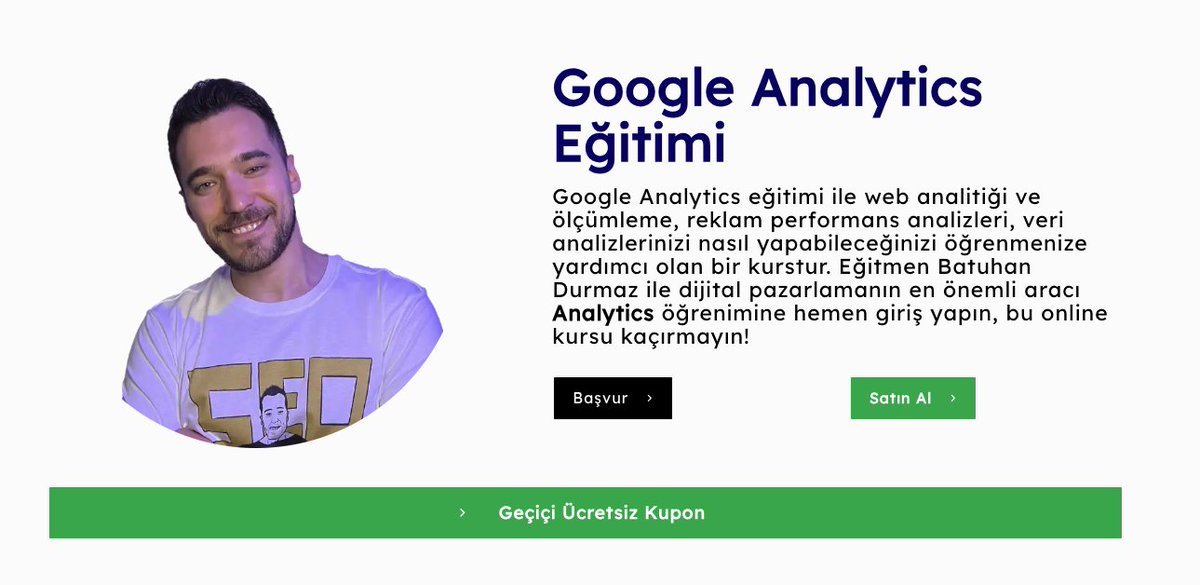 Türkiye'nin en kapsamlı Google Analytics eğitimi ÜCRETSİZ olarak sizlerle! 

Tam 34 videodan oluşan ve 5 saatlik anlatımı ile sadece 100 kişi için geçerli #egitim  serisine katılmak için tek yapmanız gereken linkimizi ziyaret etmek; 

👇👇👇