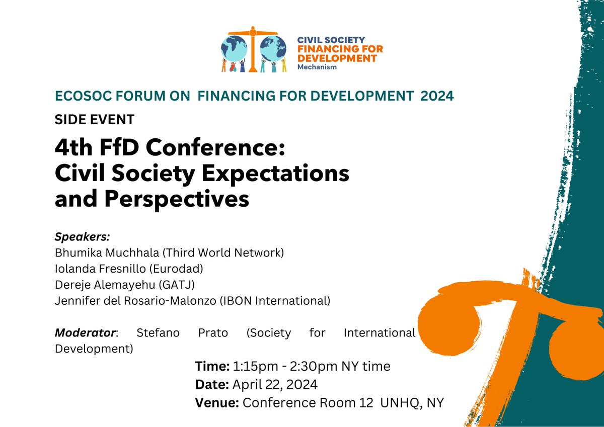 📢Do not miss this #SideEvent at #FfDForum 2024 tomorrow! #FfD4 should provide the political space for global systemic reforms that can expand the
policy and fiscal space of the #GlobalSouth to realise the Right to Development and advance the #Agenda2030 #Fin4Dev #GlobalGoals