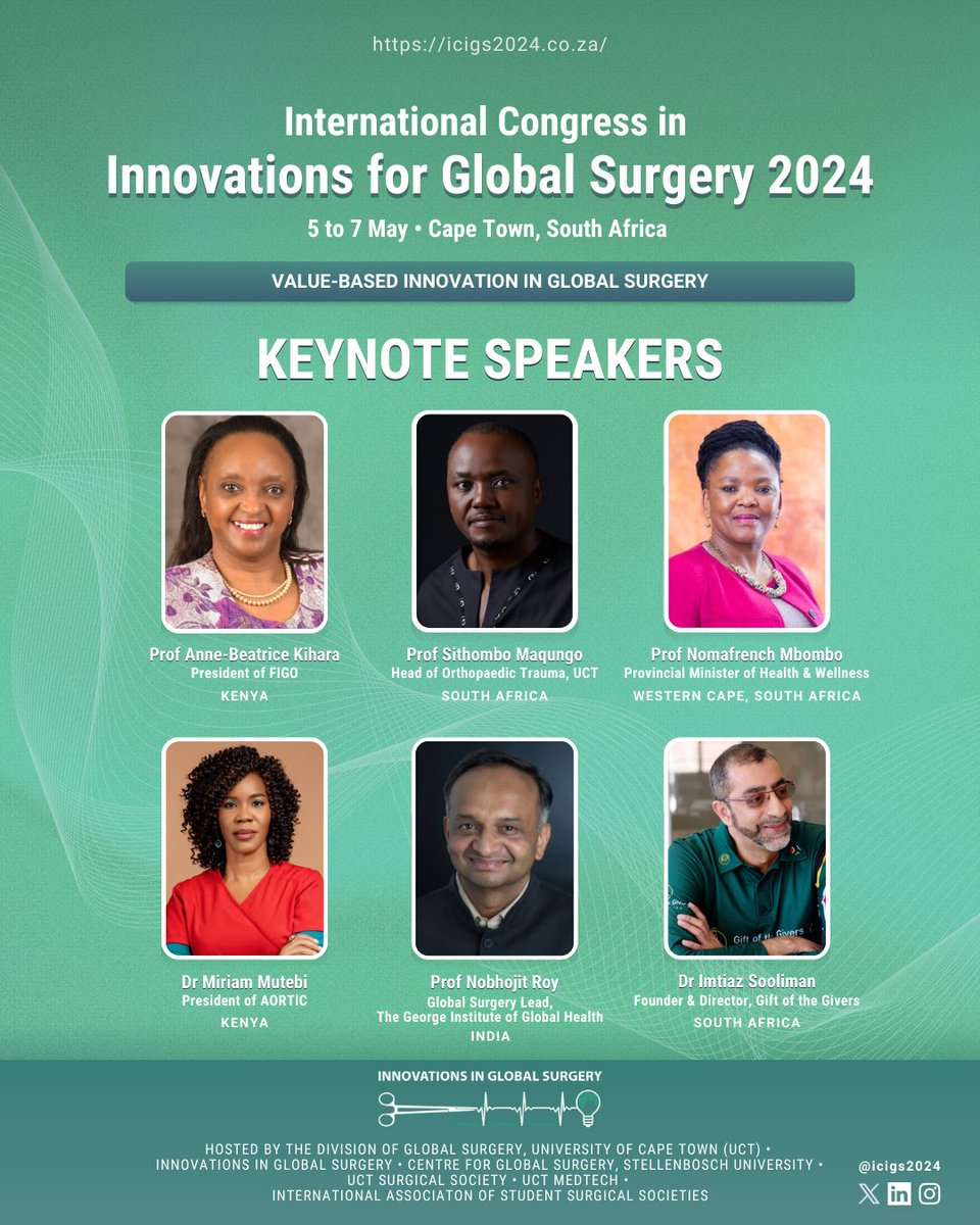 Excited to reveal our esteemed keynote speakers for the International Congress in Innovations for Global Surgery 2024 Join us in Cape Town, South Africa from May 5th to 7th as we delve into the theme 'Value-based innovation in Global Surgery'. Learn more: icigs2024.co.za