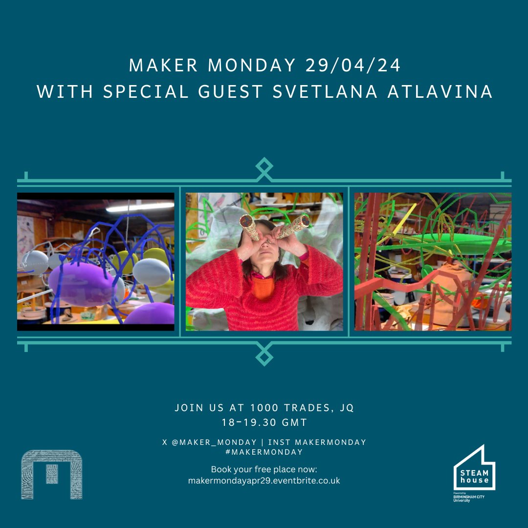 Evening #BrumHour.

Join us  upcoming @Maker_Monday with @SAtlavina on 29/04 at @1000tradesjq. Svetlana lead a dynamic talk and collaborative
 workshop  creating collaborative clay sculptures based on exciting memories from childhood.

 makermondayapr29.eventbrite.co.uk

@steamhouse_uk