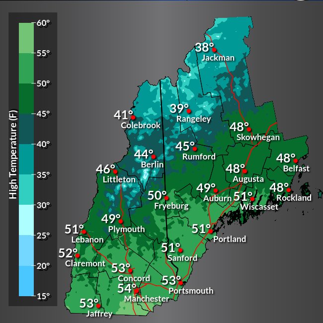 Happy Earth Day! The forecast for today will be two-faced:
*Areas north of the mtns contend with temps in the 30s  with breezy winds
*Temps south of the mtns look to be near 50F with light winds
*Everyone should see a clear, sunny day
Your high temperatures for today: #NHwx #MEwx