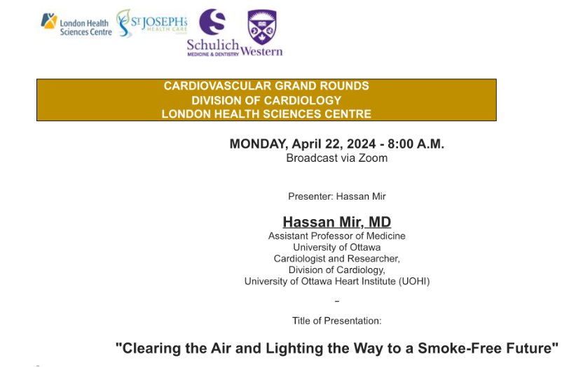 It is always a privilege to speak at rounds and share the tremendous work our team has been doing/will continue to do related to #digitalhealth, #smokingcessation, #vaping, and #Cardiology. However, as a former @SchulichMedDent grad, these rounds will be extra special.