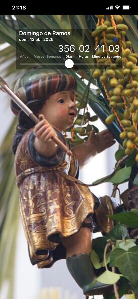 Cuenta atrás. 

Domingo de Ramos: 356 días, 2 horas, 41 minutos, 3 segundos. 

#TDSCofrade 
#Pascua2024
