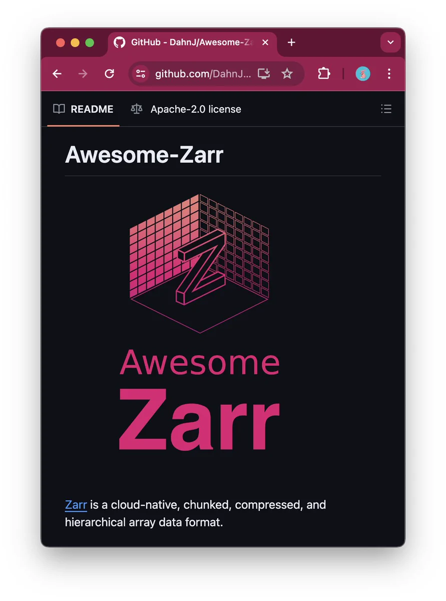 Screenshot of the linked GitHub reposiory (DahnJ/Awesome-Zarr) in the Chrome Browser. The Zarr logo is to be seen. Everything is very, very pink!