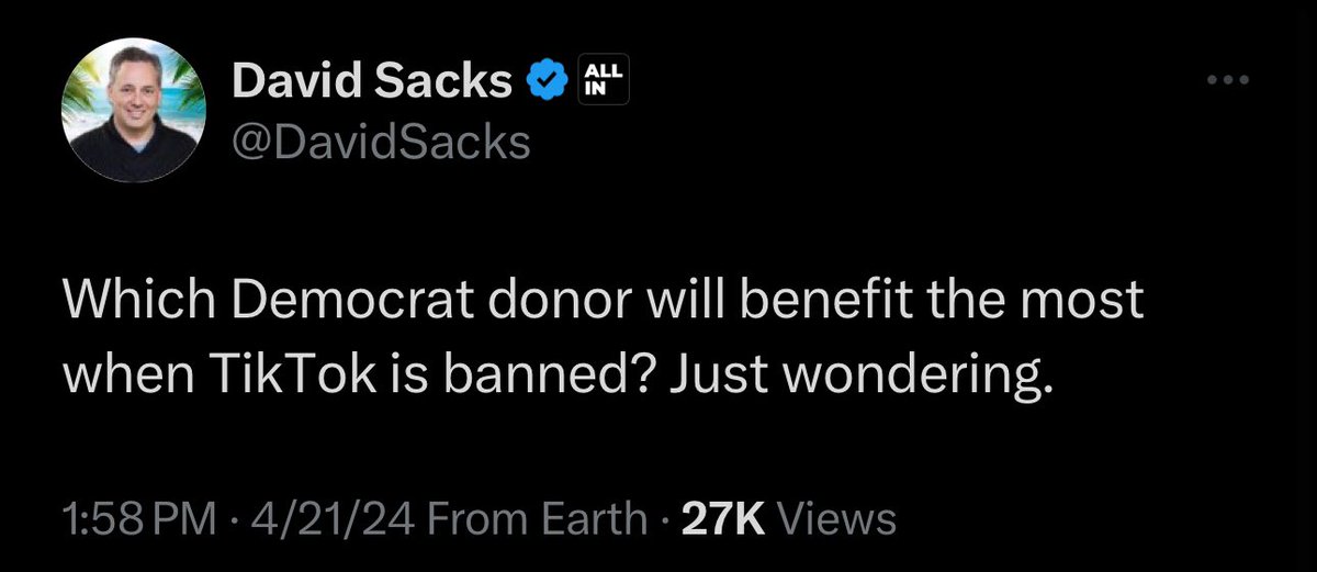 More gaslighting and disingenuity from @DavidSacks, a norm for him. Of course he conveniently leaves out the fact that Trump changed his mind on the ban after Tik Tok investor Jeff Yass pledged millions for Trump, and that it’s also TRUMP donor Steve Mnuchin looking to buy.